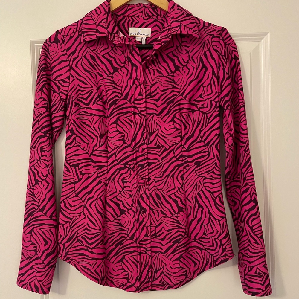Jude Connally Women’s Hot Pink Animal Print Button Down Shirt